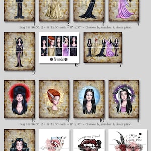 15 Halloween Gothic Mixed Media ~ DIGITAL PRINTS ~ Elvira, Frankenstein Bride, Morticia, Lily Munster, Vampira, Watercolor, Ghoul, Quotes