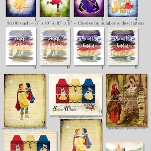 14 Snow White ~ Book Blend, Crayon Colors & Grimm Brothers Digital Art Prints ~ Princess, Prince Charming, Crayola, Seven Dwarfs, Christmas