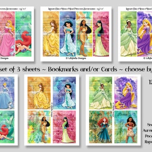 12 cartões e marcadores de mídia mista Princess Watercolor LC ~ Branca de Neve, Cinderela, Aurora, Ariel, Bela, Jasmine, Pocahontas, Mulan, Tiana +