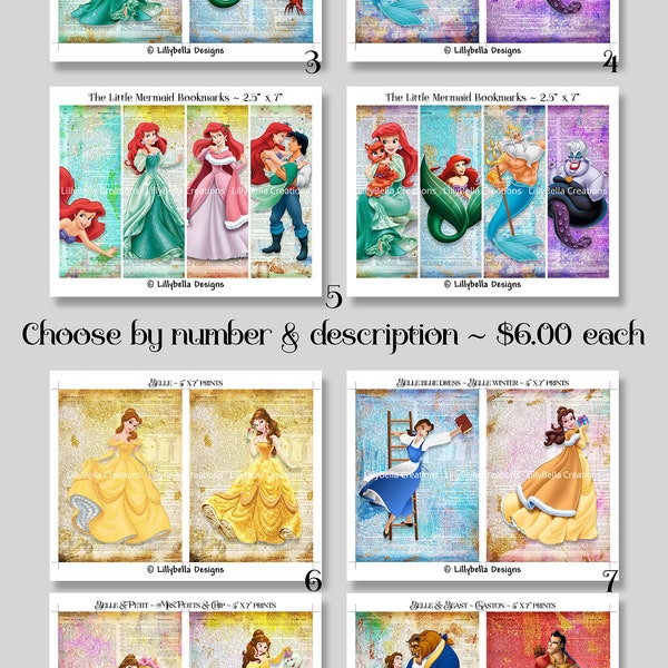 16 Little Mermaid & Beauty Beast Dictionary Digital Art Prints 5" x 7" Ariel, Eric, Ursula Tritan, Belle, Gaston, Palace Pets, Bookmarks