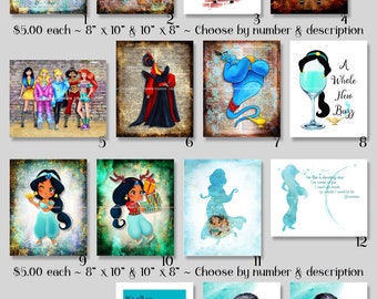 16 Aladdin ~ Mixed Media Digital Art Prints ~ Princess, Jasmine, Jafar, Villain, Abu, Urban, Fashion, Neighborhood, Genie, Wine, Quotes