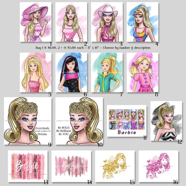 16 Barbie Mixed Media Watercolor ~ DIGITAL PRINTS ~ Choice ~ Skipper, Chelsea, Stacie, Glitter, Cowgirl, Swimsuit, Classic, Workout, Pink