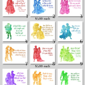 12 Watercolor Disney Couple Silhouettes Quotes 10x8&quot; Aurora, Ariel, Belle, Jasmine, Pocahontas, Mulan, Tiana, Rapunzel, Hercules & Tarzan +