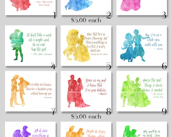 12 Aquarell Disney Paar Silhouetten Zitate 10x8&quot; Aurora, Ariel, Belle, Jasmine, Pocahontas, Mulan, Tiana, Rapunzel, Hercules & Tarzan +
