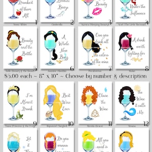Wine Princesses 16 Digital Art Prints 8" x 10"  Snow White, Cinderella, Aurora, Ariel, Belle, Jasmine, Pocahontas, Mulan, Tiana, Rapunzel