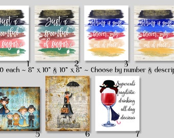 Mary Poppins ~ 7 Digital Art Prints ~ Choice ~ Watercolor, Brush Stroke, Returns, Spoonful Sugar, Out of Place, Dictionary, Wine, Bert