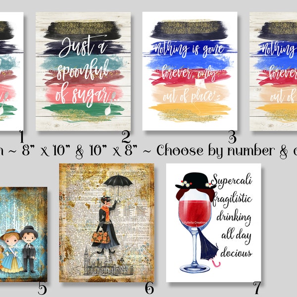 Mary Poppins ~ 7 Digital Art Prints ~ Choice ~ Watercolor, Brush Stroke, Returns, Spoonful Sugar, Out of Place, Dictionary, Wine, Bert