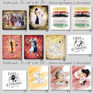 101 Dalmations ~ 18 Mixed Media Brush Strokes, Dictionary, Watercolor, Digital Art Prints ~ Cruella de Vil, Pongo & Perdy, Fashion, Villain
