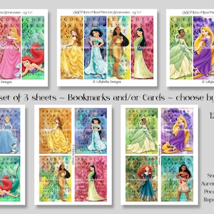 12 Princess Watercolor ABC Mixed Media Cards & Bookmarks ~ Blanche-Neige, Cendrillon, Aurora, Ariel, Belle, Jasmine, Pocahontas, Mulan, Tiana +