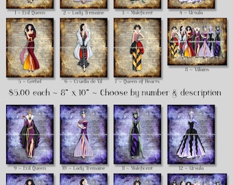 16 Fashion Bösewichte ~ Mixed Media Wörterbuch Digitale Kunstdrucke: Größen variieren ~ Evil Queen, Tremaine, Maleficent, Ursula, Gothel, Cruella