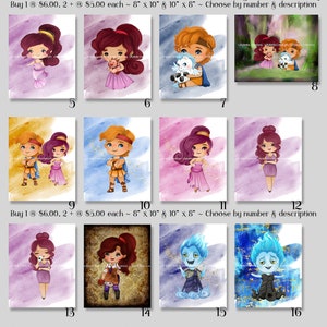 20 Hércules ~ Aquarela, impressões de arte digital de mídia mista ~ Megara, Princesa, Hades, Vilão, Sereia, Café, Amor, Casal, Pégaso