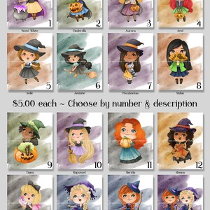 16 Princess Halloween Digital Art Prints ~ Snow White, Aurora, Ariel, Belle, Jasmine, Pocahontas, Mulan, Tiana, Elsa, Anna, Moana ++