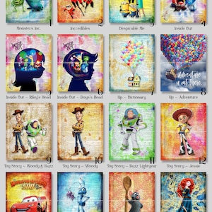 Pixar 16 Mixed Media Digital Art Prints 8" x 10" Monsters Inc, Incredibles, Despicable Me, Inside Out, Up, Toy Story, Cars, Bugs Life, Brave