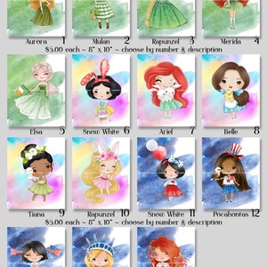 15 Holiday Princess Watercolor DIGITAL PRINTS ~ Snow White, Ariel, Belle, Tiana, Rapunzel, Merida, Mulan, Pocahontas, Elsa, Aurora
