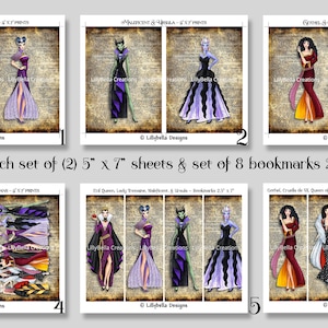 8 Fashion Villains Mixed Media Digital Art Prints & Bookmarks: 5 x 7 ~ Evil Queen, Tremaine, Maleficent, Ursula, Gothel, Cruella, Red Queen
