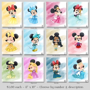 12 Princess Minnie Mouse Watercolor Digital Art Prints 8&quot; x 10&quot; Snow White, Aurora, Ariel, Belle, Jasmine, Mulan, Tiana, Rapunzel, Elsa