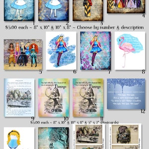 16 Alice au pays des merveilles Aquarelle Techniques mixtes ~ IMPRESSIONS NUMÉRIQUES ~ Dictionnaire, Flamant rose, Urbain, Vin, Je suis en retard, Reine rouge, Mode, Cartes postales