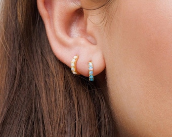 Blue Opal Hoops, Gold Opal Huggies, Blue Opal Huggie Earrings, Minimalist Hoops, Delicate Small Huggie, Dainty Hoops, Blue Opal Huggies