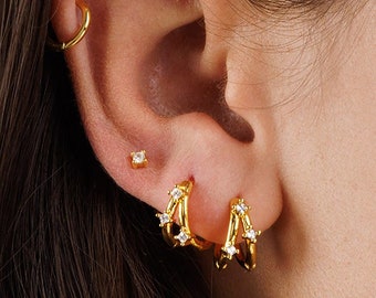 Cosmic Double Hoop Earrings, Gold Hoop Earrings, Dainty Crystal Hoops, Gold Double Hoops, Silver CZ Hoop Earrings, Minimal Hoop Earrings