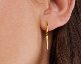 Gold Spike Hoop Earrings, Small Dagger Hoops, Dainty Drop Huggies, Gold Edgy Earrings, Silver Spike Hoops, Minimal Earrings, Dangle Hoops