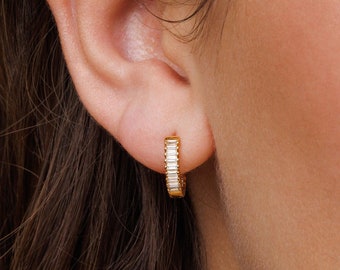 Baguette Hoop Earrings, Dainty Baguette Earrings, Gold Baguette Hoops, Gold Crystal Huggies, Delicate CZ Hoop, Baguette Crystal Hoops,