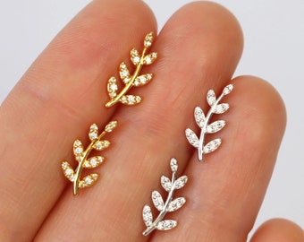 Leaf Stud Earrings, Gold Climber Earrings, Tiny leaves studs, Silver leaf earrings, Crystal Cartilage studs, Helix stud, Bridal Earrings
