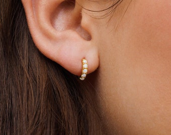 White Opal Hoop Earrings, Dainty Opal Hoop, White Opal Earrings, Minimal Hoop, Delicate Small Huggie, Gold Opal Hoop Ear, White Opal Huggies