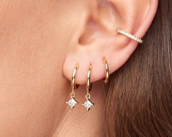 Gold Dangle Earrings, Small Dangle Earrings, Gold Drop Earrings, Gold Huggie Earrings, Dangle Huggie Earrings, Dainty CZ Dangle Earrings