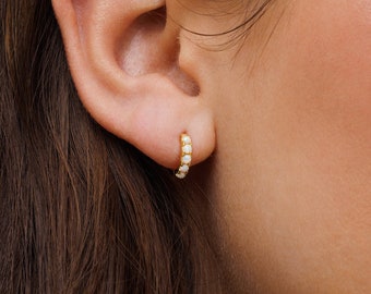 White Opal Hoop Earrings, Dainty Opal Hoop, White Opal Earrings, Minimal Hoop, Delicate Small Huggie, Gold Opal Hoop Ear, White Opal Huggies