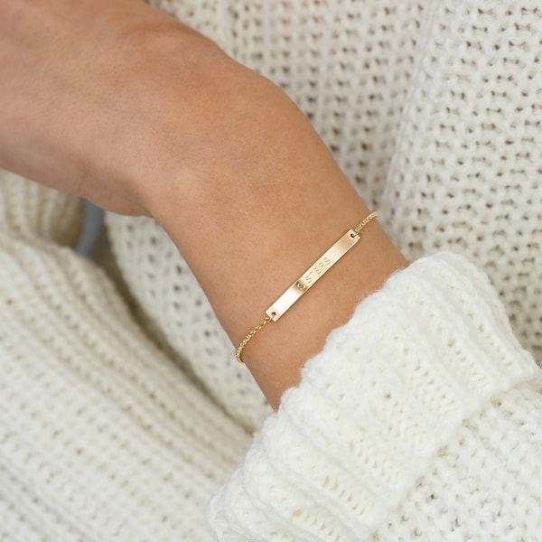 Bracelet personnalisé pour femme, lingot d'or, bracelet gravé, bracelet en or pour femme, bracelet délicat à personnaliser avec nom de bracelet