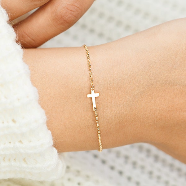 Gold Cross Bracelet, Silver Cross Bracelet, Dainty Cross Bracelet, Sideways Cross Bracelet, Holy Religious Bracelet Small Cross Bracelet