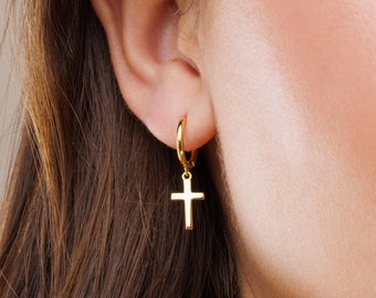 Gouden kruis hoepels, bungelen kruis oorbellen, minimalistische oorbellen, kruis hoepel oorbellen, religieuze sieraden, cadeau voor haar, klassieke kruis hoepel