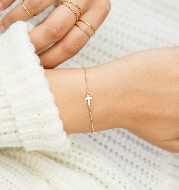 Sterling ID Bracelet Dainty Hammered Sterling or Gold Filled Cross Bracelet Religious Bracelet Personalized Bracelet