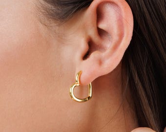 Heart Hoop Earrings, Gold Heart Earrings, Gold Heart Hoops, Dainty 