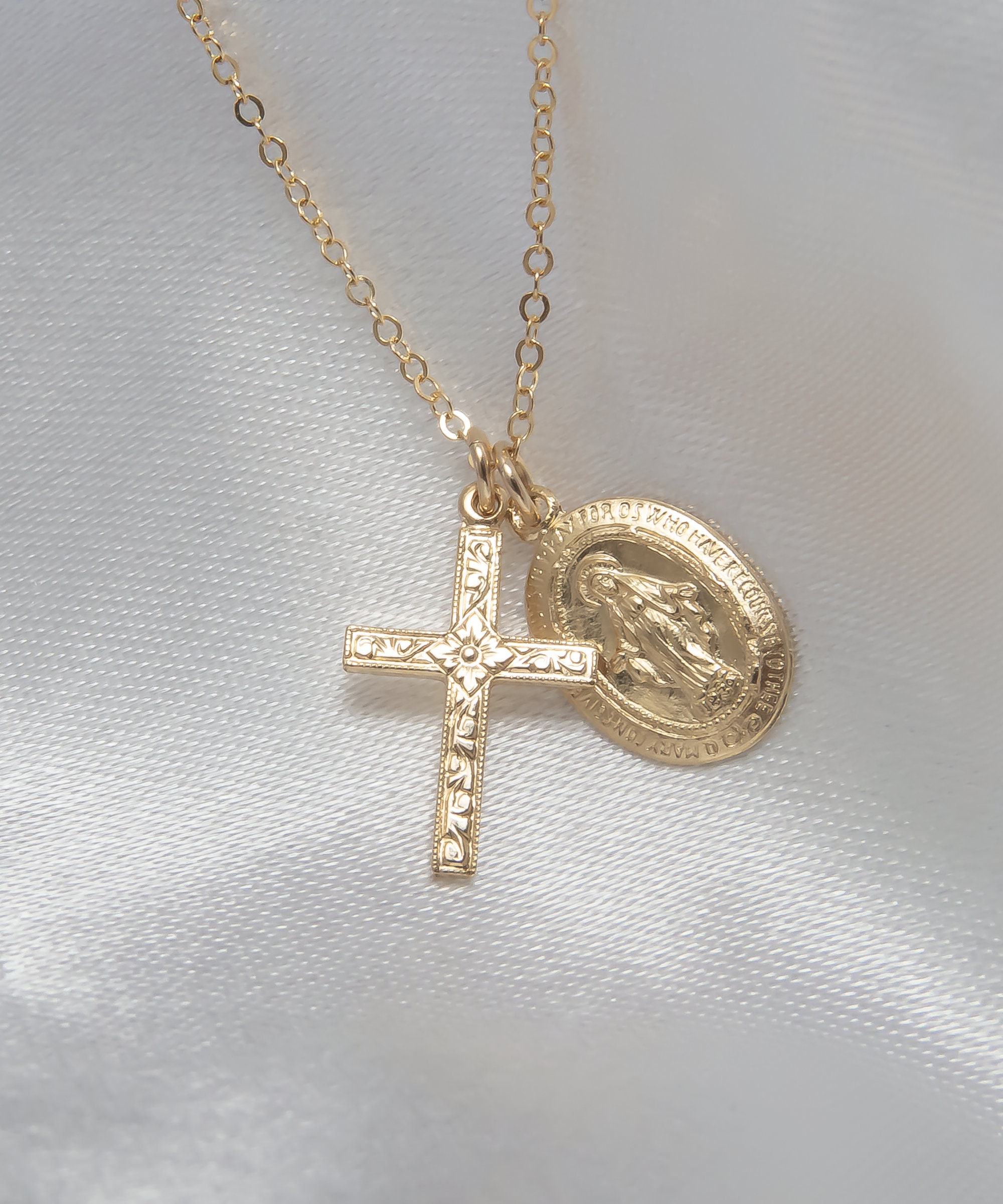 Cross necklace with mary pendant deals