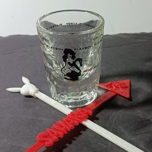 Playboy shot glass and Stirrer. Also a stirrer from the Sahara Hotel. Fast, Free Shipping to U.S.A.