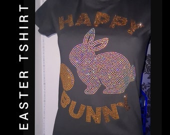 Ready to Wear Multi-coloured Rhinestone Easter Bunny and Egg T Shirt |  Worded and Image