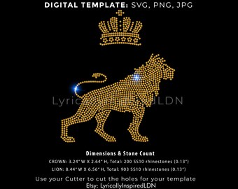 Rhinestone Template ss10 SVG files Crowned LION Digital Download, Cricut, PNG, Cutter, file for making T shirt or Jumper bling