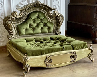 Gold Barock Eiche Haustierbett, Hundebett, Haustiermöbel, Luxus-Haustiersofa, geschnitztes Holz, gesteppter Samt, graviertes Namensschild, antiker Look, maßgefertigt