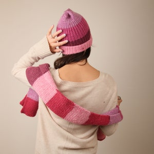 Berry Smoothie Hand-Knitted Scarf Beanie Set // Pink Purple Mauve Colour Block Scarf // Hand Made Knit Set
