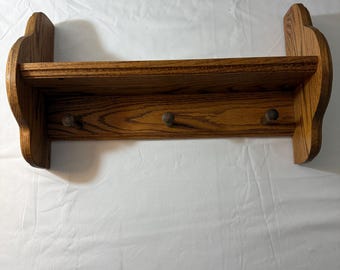 vintage solid oak peg shelf coat rack plate shelf