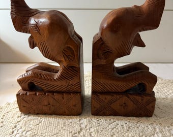 Vintage Hand-Carved Wooden Elephant Bookends