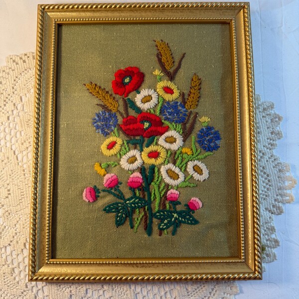 Vintage Floral Crewel Embroidery Wall Art, Gold Frame Cottage Decor