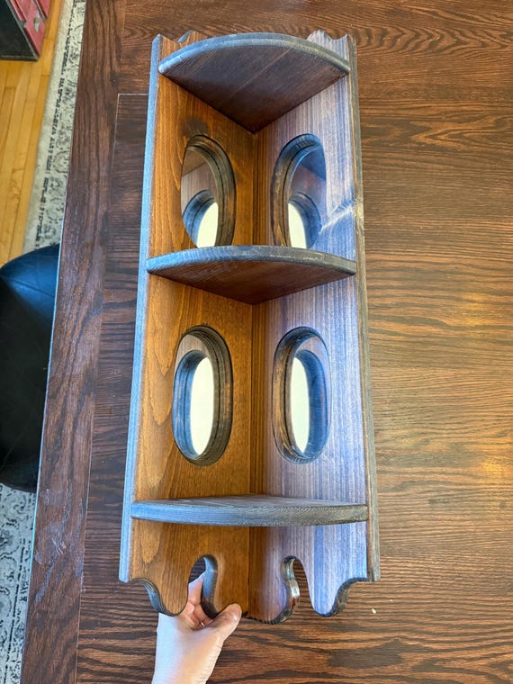 Vintage wood corner shelf with mirrors