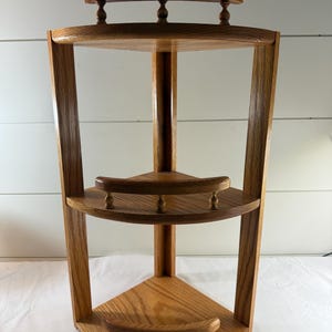 Vintage wood wall corner shelf 3 tier shelf with spindle railings 20” tall