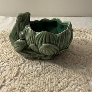 Vintage McCoy Frog Planter Green Glazed Pottery Lily Pad Lotus Planter 1950s