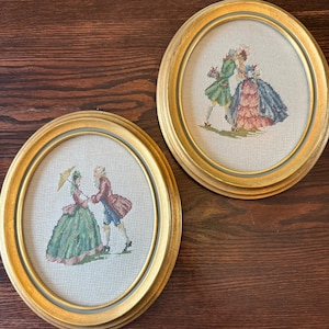 vintage needlework art oval frames Georgian couple gallery wall set of 2
