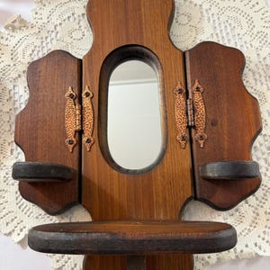 Vintage trifold MCM wood wall mirror shelf gallery wall