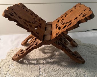 Vintage Hand Carved Folding Wooden Book Stand | Ornate Scroll Saw Book Holder | Bible Stand | Rehal | Boho Cottage Decor 13"x7"