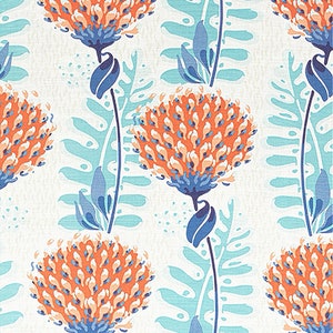 May include: A seamless pattern featuring stylized orange and blue flowers with white accents on a white background.